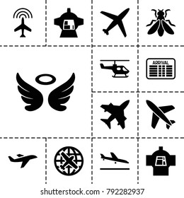 Flight icons. set of 13 editable filled flight icons such as plane, plane landing, wings, luggage compartment in airplane, helicopter, arrival table