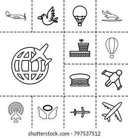 Flight icons. set of 13 editable outline flight icons such as airport, hang glider, love bird, air balloon, plane, plane landing, helicopter