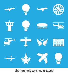 Flight icons set. set of 16 flight filled icons such as arrival table, plane, airport tower, airport, wings, medical helicopter, air balloon, helicopter