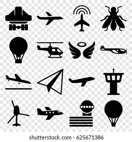 Flight icons set. set of 16 flight filled icons such as fly, plane, plane landing, helicopter, airport tower, paper airplane, wings, cargo plane back view