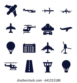 Flight icons set. set of 16 flight filled icons such as runway, plane, helicopter, arrival table, airport tower, cargo plane back view, medical helicopter, air balloon
