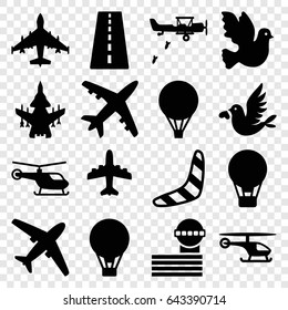 Flight icons set. set of 16 flight filled icons such as runway, helicopter, airport tower, boomerang, plane, love bird, air balloon, military plane