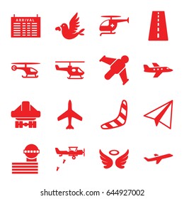 Flight icons set. set of 16 flight filled icons such as plane, runway, arrival table, airport tower, boomerang, paper airplane, wings, cargo plane back view, love bird