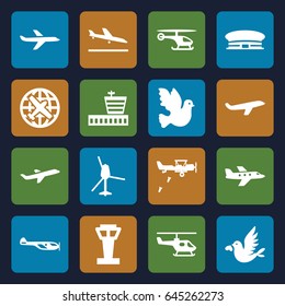 Flight icons set. set of 16 flight filled icons such as airport tower, plane landing, helicopter, plane, airport, love bird, military plane