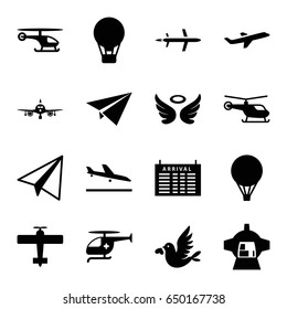 Flight icons set. set of 16 flight filled icons such as plane landing, plane, helicopter, arrival table, paper airplane, wings, luggage compartment in airplane, love bird