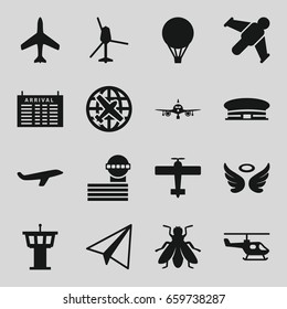Flight icons set. set of 16 flight filled icons such as fly, plane, arrival table, airport tower, airport, paper airplane, wings, air balloon, helicopter