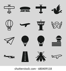 Flight icons set. set of 16 flight filled and outline icons such as fly, runway, helicopter, airport tower, airport, plane, love bird, air balloon, wings