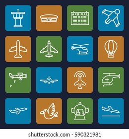 flight icons set. Set of 16 flight outline icons such as plane, plane landing, helicopter, arrival table, airport, airport tower, luggage compartment in airplane, love bird