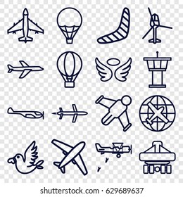 Flight icons set. set of 16 flight outline icons such as helicopter, plane, airport tower, boomerang, wings, cargo plane back view, love bird, air balloon, military plane