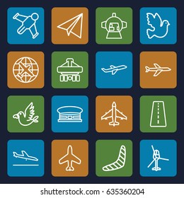 Flight icons set. set of 16 flight outline icons such as plane, runway, plane landing, airport, boomerang, paper airplane, cargo plane back view