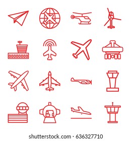 Flight icons set. set of 16 flight outline icons such as airport tower, plane, plane landing, helicopter, airport