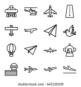 Flight icons set. set of 16 flight outline icons such as runway, plane landing, plane, airport tower, paper airplane, cargo plane back view, love bird, air balloon