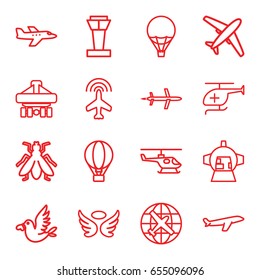 Flight icons set. set of 16 flight outline icons such as airport tower, plane, fly, wings, cargo plane back view, luggage compartment in airplane, love bird