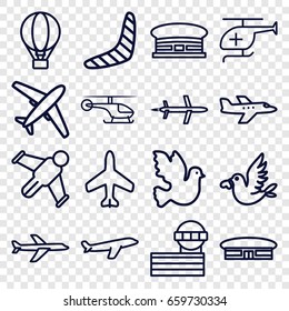 Flight icons set. set of 16 flight outline icons such as plane, airport, airport tower, boomerang, love bird, medical helicopter, air balloon, helicopter, hang glider