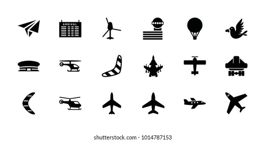 Flight icons. set of 18 editable filled flight icons: plane, helicopter, arrival table, airport, airport tower, boomerang, cargo plane back view, love bird, air balloon