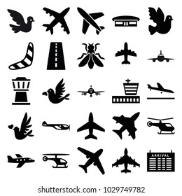 Flight icons. set of 25 editable filled flight icons such as runway, plane landing, plane, helicopter, arrival table, airport, boomerang, bird, love bird, airport tower