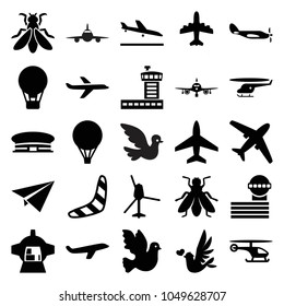 Flight icons. set of 25 editable filled flight icons such as plane landing, plane, fly, airport, airport tower, boomerang, air balloon, bird, luggage compartment in airplane