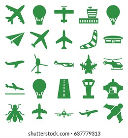 Flight icons set. set of 25 flight filled icons such as fly, plane, airport tower, runway, plane landing, helicopter, airport, boomerang, luggage compartment in airplane