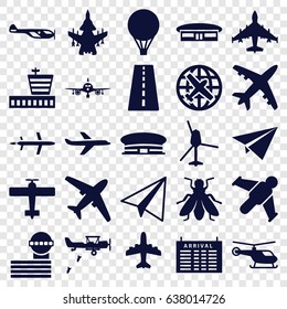 Flight icons set. set of 25 flight filled icons such as fly, runway, plane, helicopter, arrival table, airport, airport tower, paper airplane, air balloon, military plane