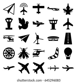 Flight icons set. set of 25 flight filled icons such as fly, plane, airport tower, runway, helicopter, airport, boomerang, paper airplane, medical helicopter, paper plane