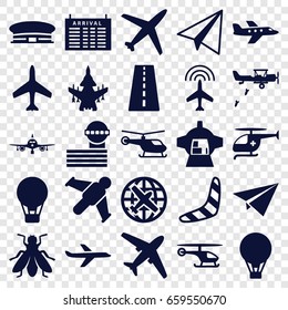 Flight icons set. set of 25 flight filled icons such as fly, plane, runway, helicopter, arrival table, airport, airport tower, boomerang, paper airplane