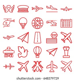 Flight icons set. set of 25 flight outline icons such as airport tower, runway, plane landing, plane, arrival table, fly, airport, paper airplane, wings, medical helicopter
