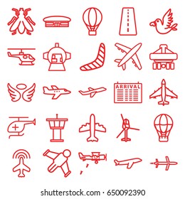 Flight icons set. set of 25 flight outline icons such as runway, plane, arrival table, airport, fly, airport tower, boomerang, wings, cargo plane back view