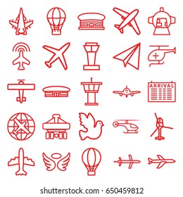 Flight icons set. set of 25 flight outline icons such as airport tower, plane, arrival table, airport, paper airplane, wings, cargo plane back view