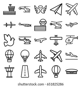 Flight icons set. set of 25 flight outline icons such as runway, plane landing, helicopter, airport, airport tower, paper airplane, wings, plane, medical helicopter