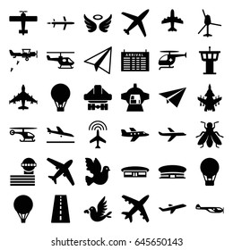 Flight icons set. set of 36 flight filled icons such as fly, runway, plane, plane landing, helicopter, arrival table, airport, airport tower, paper airplane, wings