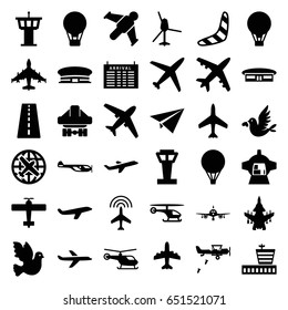 Flight icons set. set of 36 flight filled icons such as plane, airport tower, runway, helicopter, arrival table, airport, boomerang, cargo plane back view
