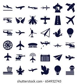 Flight icons set. set of 36 flight filled icons such as fly, plane, runway, plane landing, helicopter, arrival table, airport, airport tower, paper airplane, wings