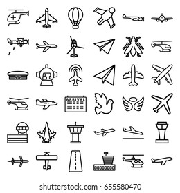 Flight icons set. set of 36 flight outline icons such as airport tower, runway, plane, plane landing, helicopter, arrival table, airport, fly, paper airplane, wings