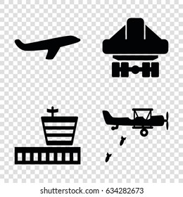 Flight icons set. set of 4 flight filled icons such as airport, plane, cargo plane back view