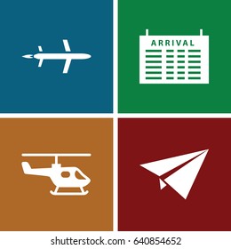 Flight icons set. set of 4 flight filled icons such as arrival table, plane, paper plane