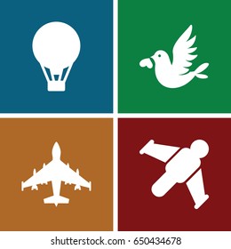 Flight icons set. set of 4 flight filled icons such as love bird, air balloon, plane