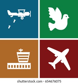 Flight icons set. set of 4 flight filled icons such as airport, military plane, plane