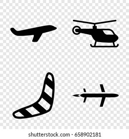 Flight icons set. set of 4 filled icons such as helicopter, boomerang
