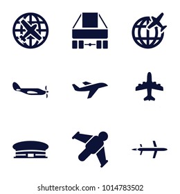 Flight icons. set of 9 editable filled flight icons such as plane, airport, hang glider, helicopter