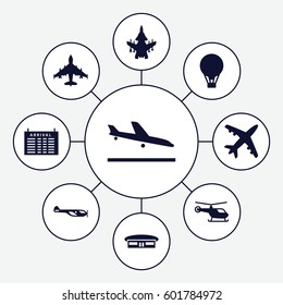 flight icons set. Set of 9 flight filled icons such as plane landing, helicopter, arrival table, airport, air balloon