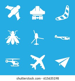 Flight icons set. set of 9 flight filled icons such as fly, helicopter, boomerang, cargo plane back view, plane, paper plane