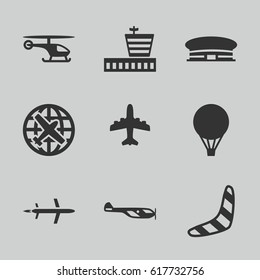 Flight icons set. set of 9 flight filled icons such as helicopter, plane, airport, boomerang