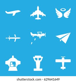 Flight icons set. set of 9 flight filled icons such as airport tower, wings, plane, luggage compartment in airplane, military plane