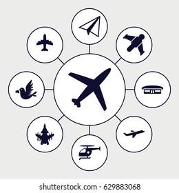 Flight icons set. set of 9 flight filled icons such as airport, paper airplane, plane, love bird, medical helicopter