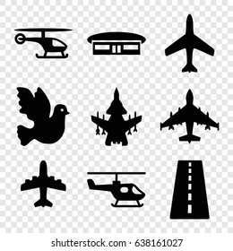 Flight icons set. set of 9 flight filled icons such as plane, runway, airport, helicopter