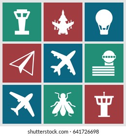 Flight icons set. set of 9 flight filled icons such as fly, airport tower, paper airplane, plane