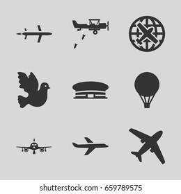 Flight icons set. set of 9 flight filled icons such as plane, airport, air balloon, military plane