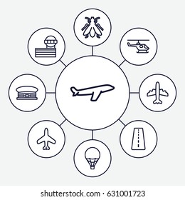 Flight icons set. set of 9 flight outline icons such as plane, runway, fly, airport, airport tower, air balloon