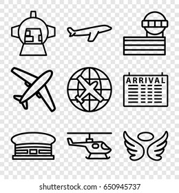 Flight icons set. set of 9 flight outline icons such as arrival table, plane, airport, airport tower, wings, luggage compartment in airplane