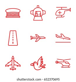Flight icons set. set of 9 flight outline icons such as runway, plane landing, helicopter, airport, luggage compartment in airplane, love bird, medical helicopter